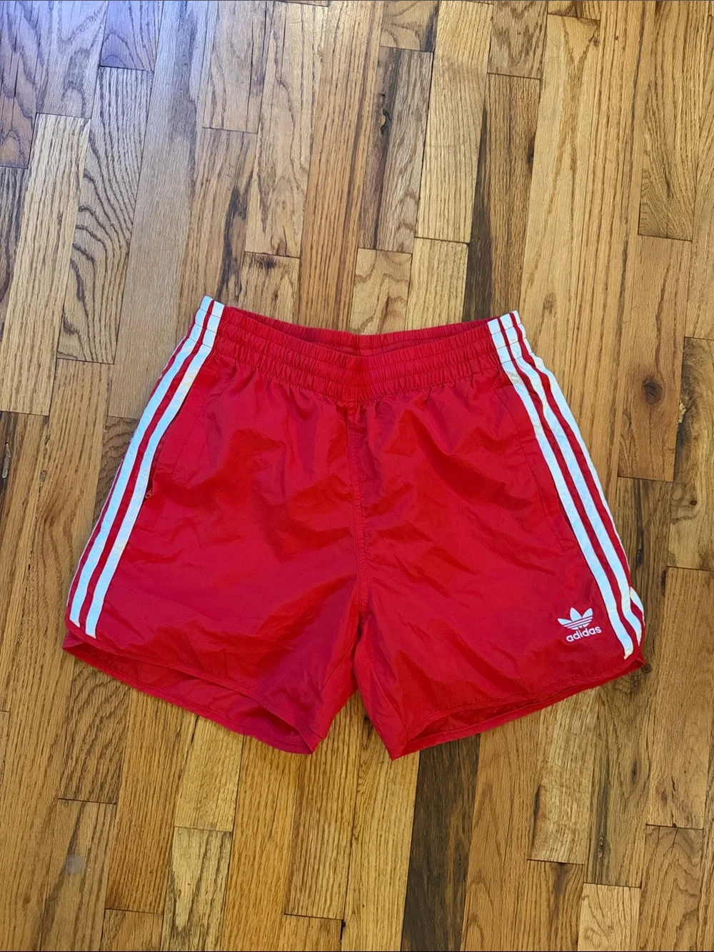 adidas Originals Red Athletic Shorts with White Three-Stripes